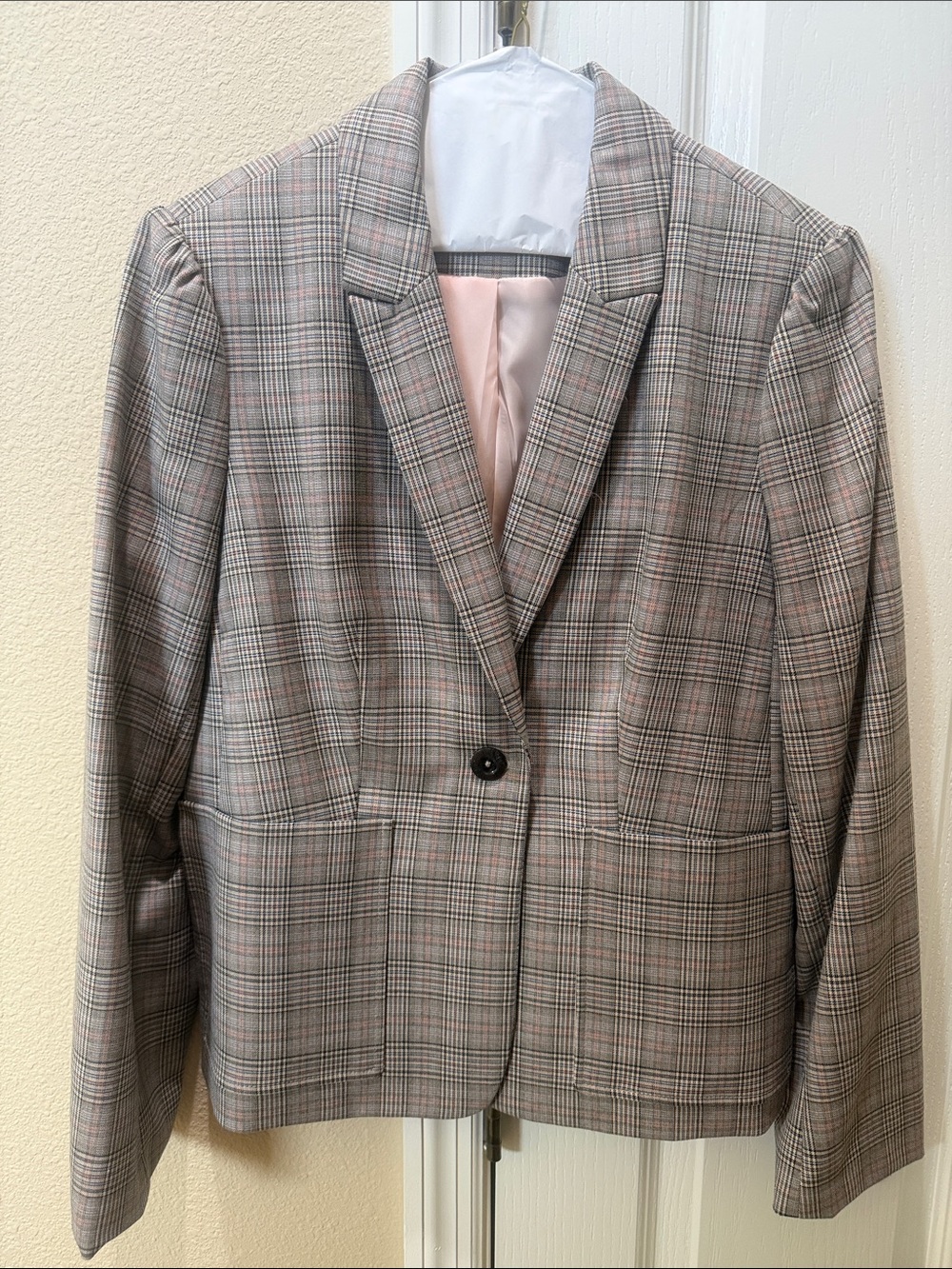 Tommy Hilfiger Plaid Single-Button Blazer in Pink-Grey